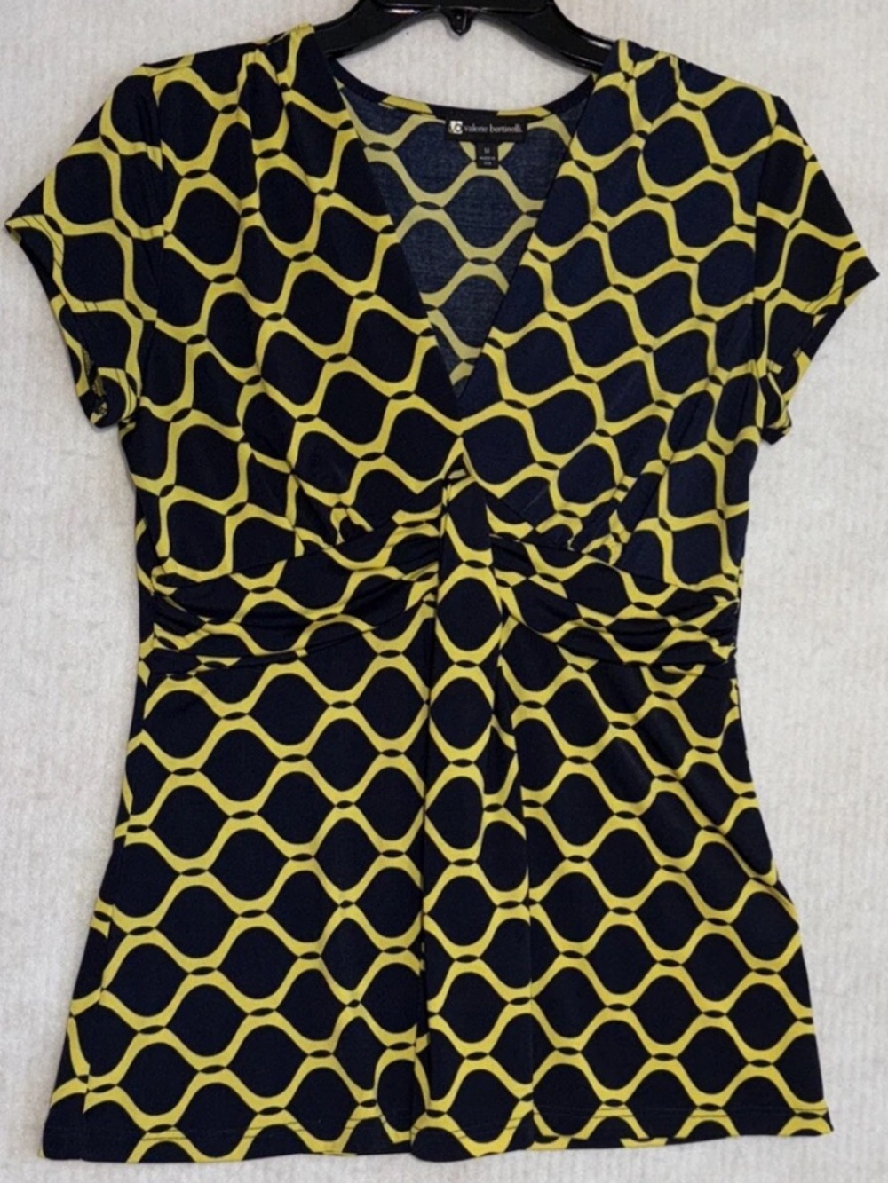 Valerie Bertinelli Twist-Front Geometric Top Size M Navy Blue and Gold
